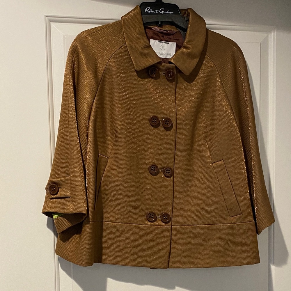 NWOT Designer  Women's Tan loose sparkly bronze Pea Coat w/satin trim lining